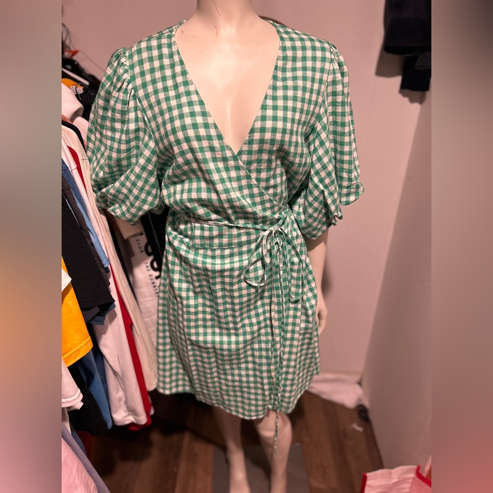 Green and white plaid wrap dress